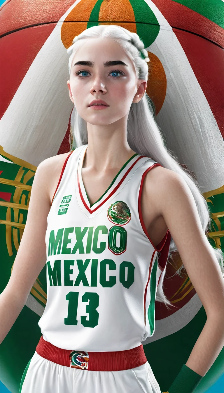 Female ager with white hair up blue eyes and white skin wearing MEXICO basketball uniform full body