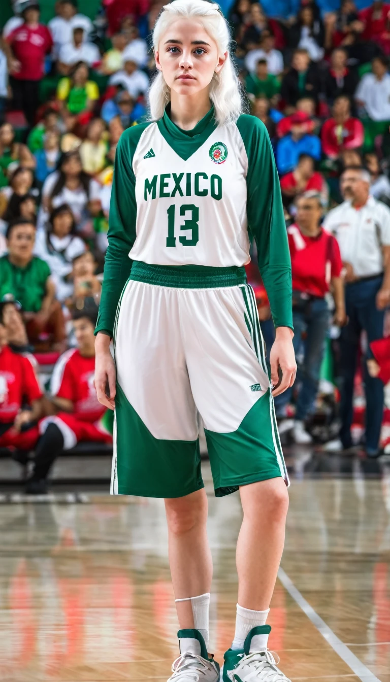 Female teenager with white hair up blue eyes and white skin wearing MEXICO basketball uniform full body 