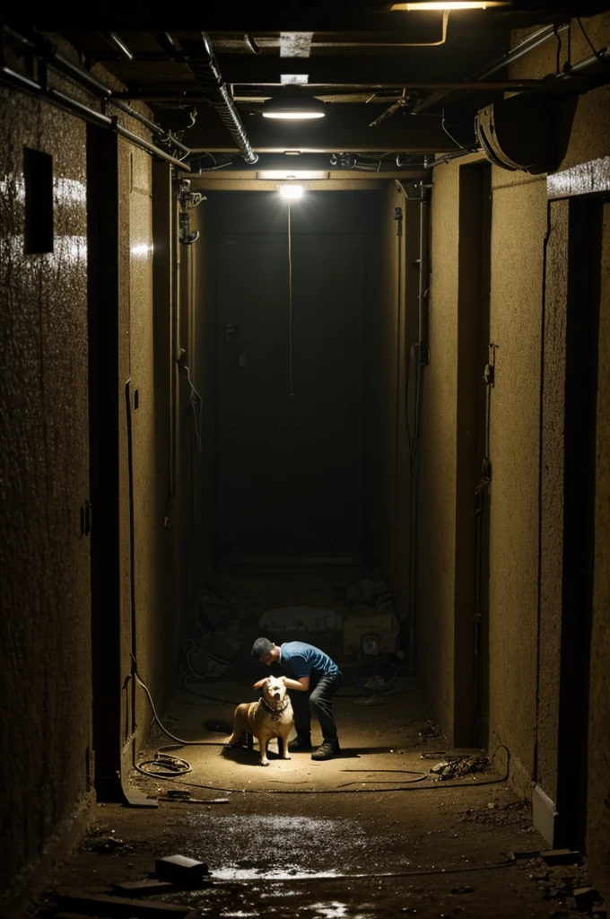A man with a single dog in an underground laboratory like an abandoned secret bunker and they are exploring secret rooms and there are lights that turn on and off due to the wear and tear of time. 