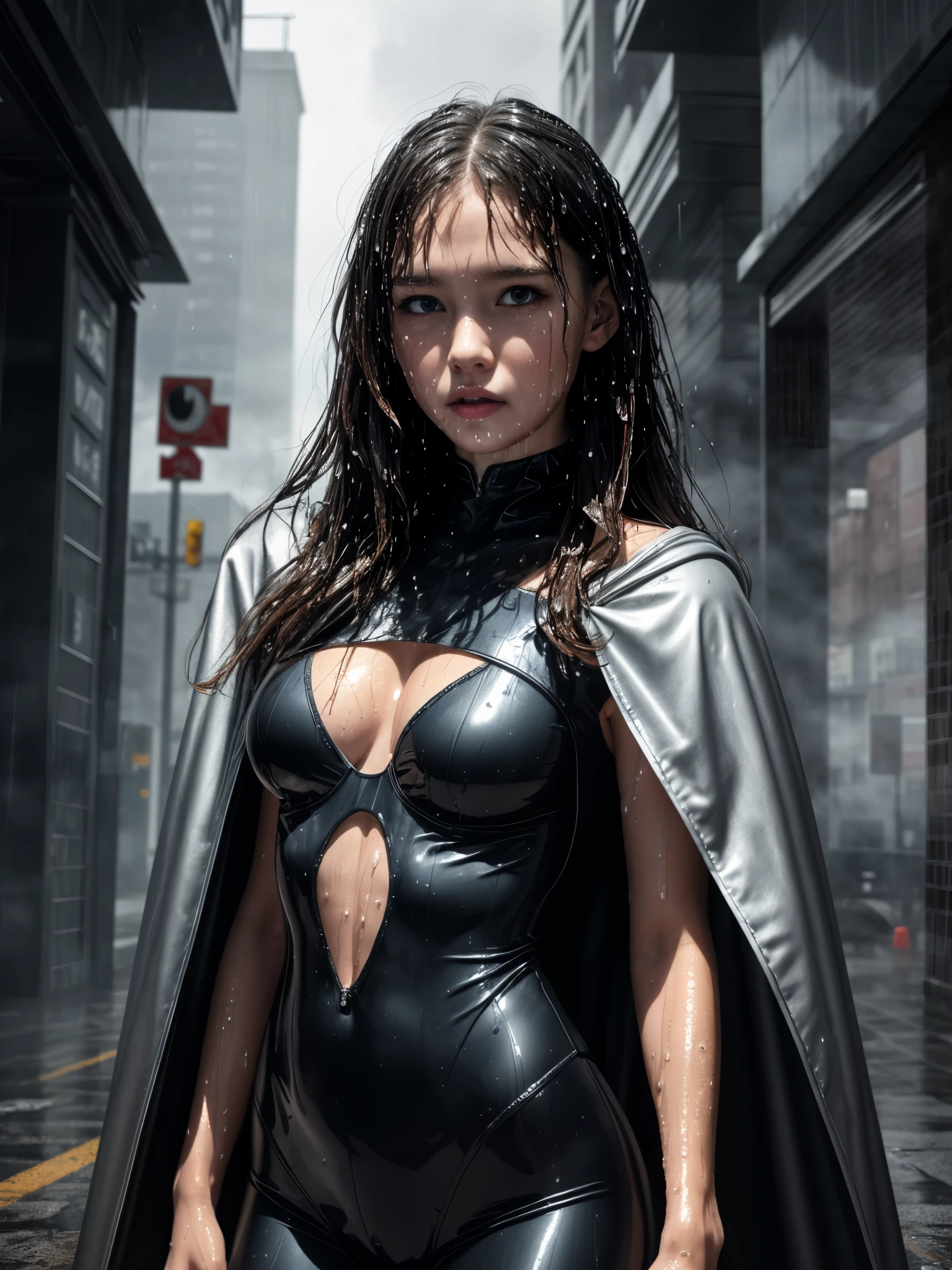 1girl, (solo:1.4), medium wide shot, super tight bodysuit, long cape, fog, mist, (13yo, cute:1.3), (breasts:1.2), detailed face, looking at viewer, super intricate details, masterpiece, absurdres, beautiful, magnificent, hyper realistic, soft light, sharp focus, cityscape, defile, modern architecture, rainy, heavy rain, raindrops, downpour, wet,