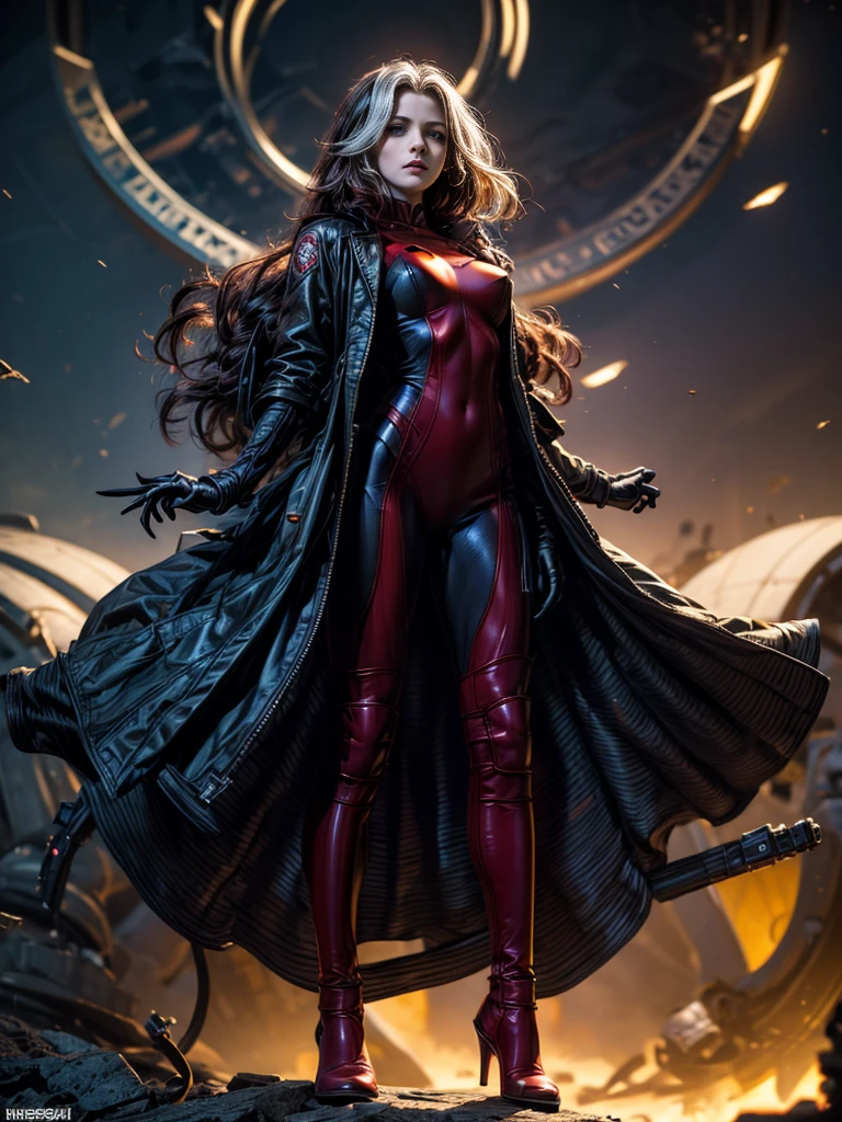 Melissa Benoist、masterpiece、High quality 4K、villain (X-Men)、Gothic Girl、Sculpted Body Gothic Makeup、Black jacket、Red and blue bodysuit、masterpiece、Highest quality、Cowboy Shots、One personの女の子、One person、Technology Military Bodysuit、fringe