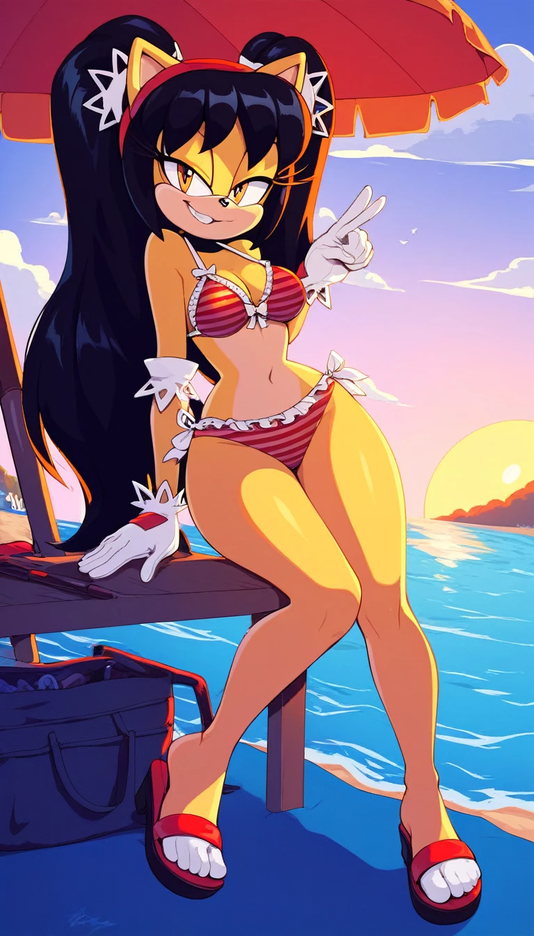 score_9, score_8_up, 2D, beach, sunset, looking at viewer, 1girl, very detailed, extremely detailed, honey the cat from the sonic the hedgehog series, full body, frilly hair ties, half-closed eyes, smug smile, {(red bikini), (striped bikini bra), (striped bikini panties), hips, thighs, medium breasts, sandals