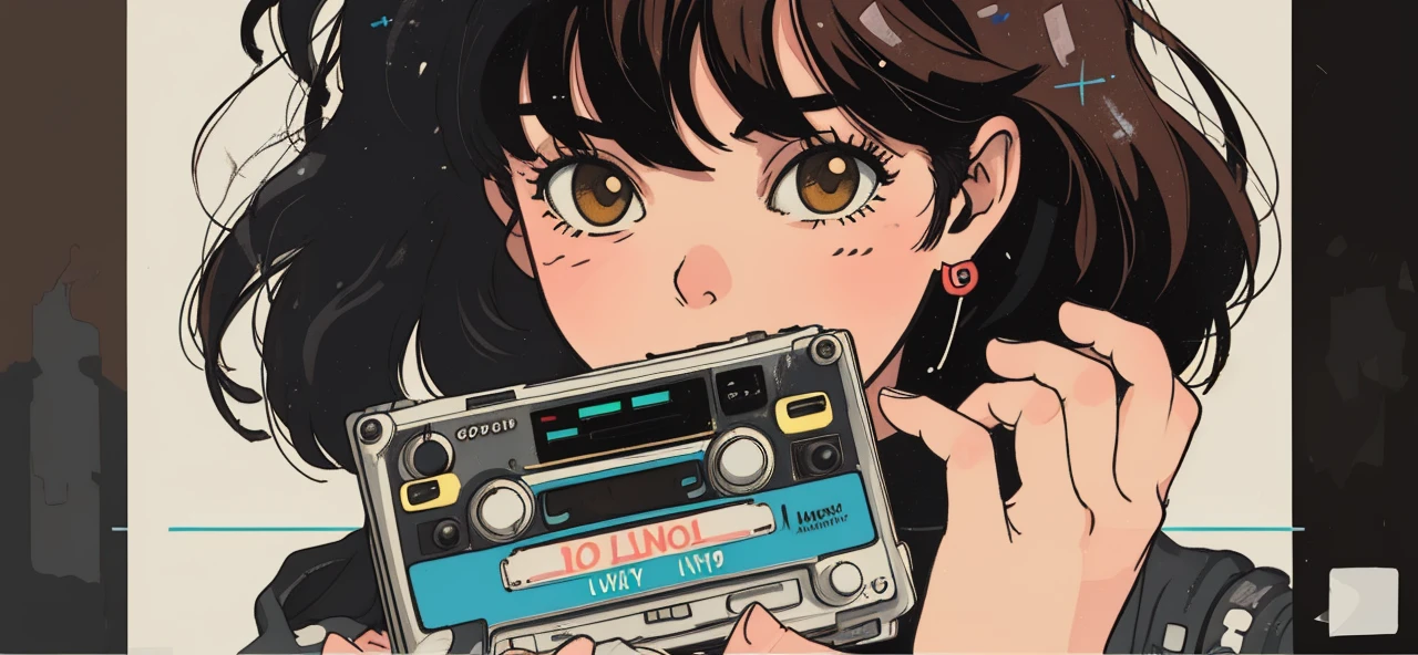 A person holding a cassette tape labeled ‘LOFI 1970-4,’ evoking a sense of nostalgia and retro music. The illustration style is reminiscent of manga or anime, with detailed hair and expressive line work.