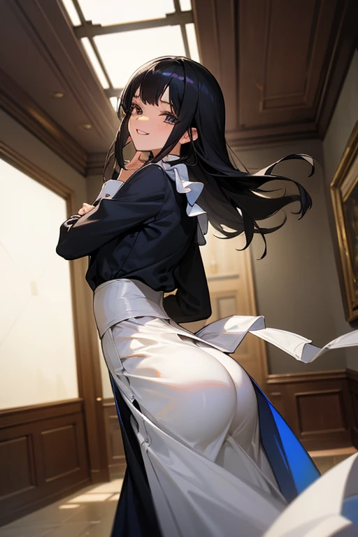 (Highest Resolution, clear_image) Highest quality, single, One Woman, alone, masterpiece, Very detailed, Semi-realistic, Black Hairのショートヘア, Black Hair, bangs, 18-year-old, mature, light blue uniform, uniform, Indoor Background, kind, Authoritative, Powerful, exquisite features, exquisite features、Eyelashes become longer、Showing teeth、smile😀、Maid clothes、reference、Put your hands on your hippie skirt、Upward glance、Boom in the ass、