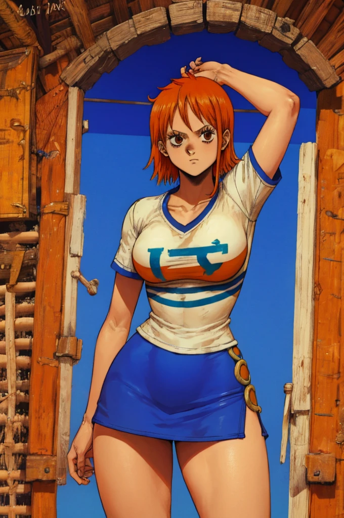 Dorohedoro Style, Nami from One Piece, short orange hair, white T-shirt with blue stripes, orange short skirt, sexy thick body