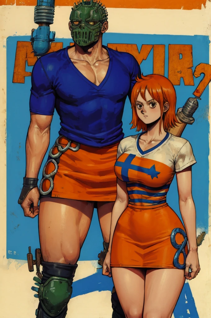 Dorohedoro Style, Nami from One Piece, short orange hair, white T-shirt with blue stripes, orange short skirt, sexy thick body, thick legs