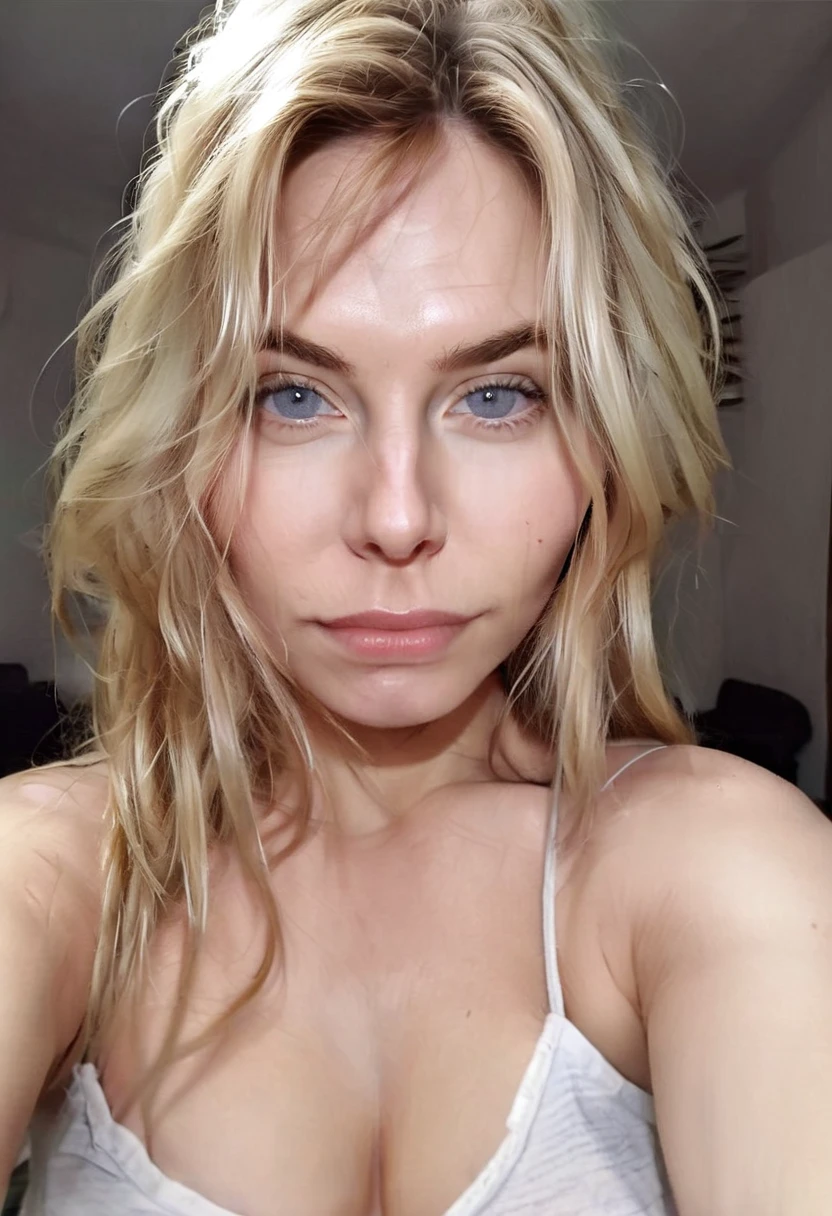 WOMAN 35 YEARS OLD, long blonde messy hair, with open pores, wrinkles, gray eyes, big face and full lips, bushy eyebrows, is looking straight into the camera, with a welcoming look, , homemade looking photo, no effects and shine, must look like a real person, cell phone selfie photo, must have background image,