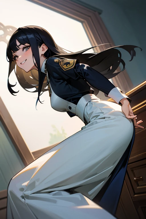 (Highest Resolution, clear_image) Highest quality, Single, One Woman, alone, masterpiece, Very detailed, Semi-realistic, Black Hairのショートヘア, Black Hair, bangs, 18-year-old, mature, light blue uniform, uniform, Indoor Background, kind, Authoritative, Powerful, exquisite features, exquisite features、Eyelashes become longer、Showing teeth、smile😀、Maid clothes、reference、Put your hands on your hippie skirt、Upward glance、Boom in the ass、