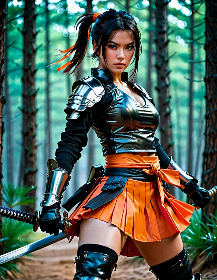 dramatic, gritty, intense, anime character, dynamic fighting pose, 1girl, solo, solo focus, (dark black hair, tied up hairstyle), (wearing black gloves), (wearing samurai armor, armored gauntlets, armored boots, thighhigh boots), (wearing a skirt, orange skirt. pleaded skirt), (black biker shorts), modern art, hair covering eyes, (clenched hand, clenched hands), forest, beautiful face, beautiful eyes, (brown eyes), vibrant colors, night, highest quality digital art, Stunning art, wallpaper 4k, 8k, k, HD, unparalleled masterpiece, best quality, full body, dynamic lighting, cinematic, epic, cowboy shot, full body with costume.