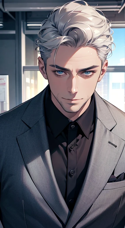 (best quality,4k,8k,highres,masterpiece:1.2),ultra-detailed,(realistic,photorealistic,photo-realistic:1.37),1 man,31 years old,mature man,very handsome,without expression,smile,short grey white hair,blue eyes,penetrating gaze,perfect face without errors,imposing posture,businessman,office background,cinematic lighting,hdr image