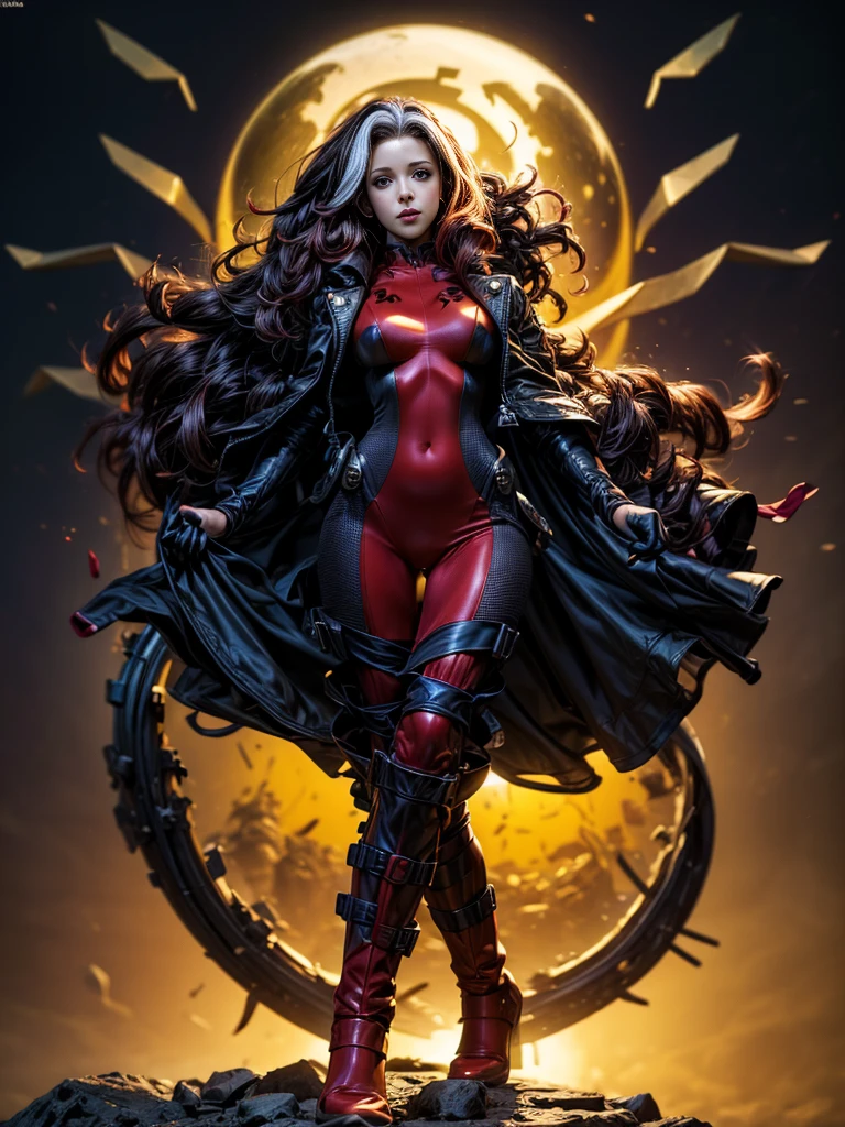 Jennifer Love Hewitt、masterpiece、High quality 4K、villain (X-Men)、Gothic Girl、Sculpted Body Gothic Makeup、Black jacket、Red and blue bodysuit、masterpiece、Highest quality、Cowboy Shots、One personの女の子、One person、Technology Military Bodysuit、fringe