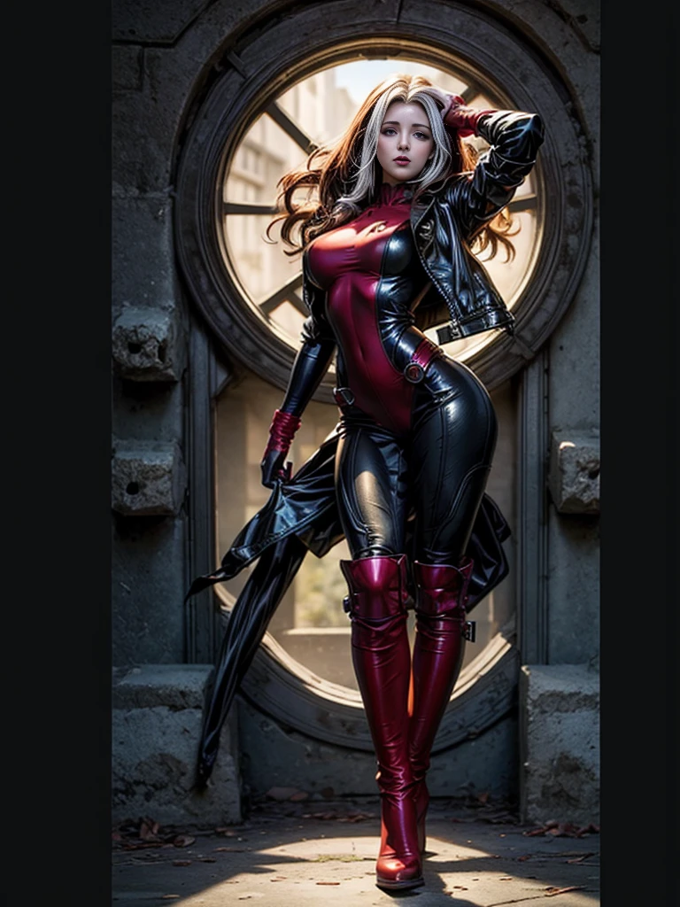 Dianna Agron、masterpiece, High-quality 4K, Villain (X-Men), Gothic Girl, Sculpted body gothic makeup, Black jacket, Red and blue bodysuit, masterpiece, highest quality, Cowboy Shot, One girl, alone, Technology Military Bodysuit, fringe.