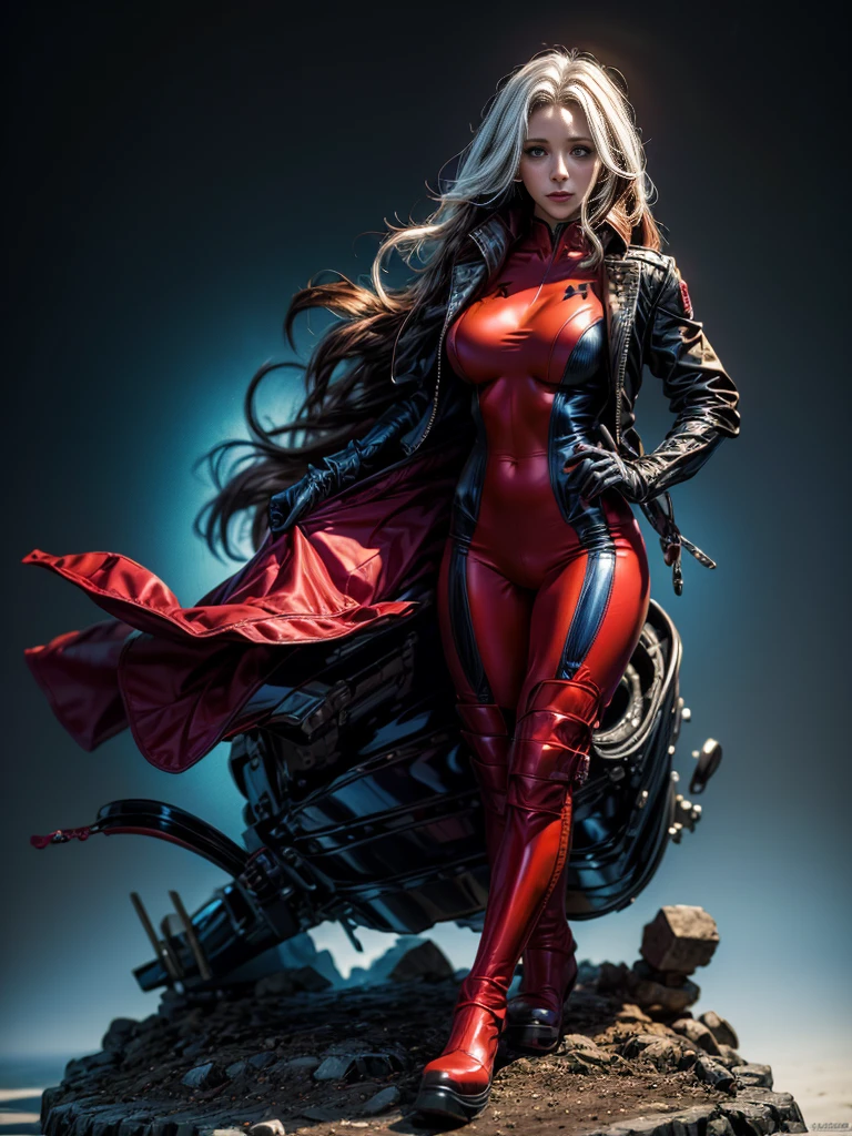 Jennifer Love Hewitt、masterpiece、High quality 4K、villain (X-Men)、Gothic Girl、Sculpted Body Gothic Makeup、Black jacket、Red and blue bodysuit、masterpiece、Highest quality、Cowboy Shots、One personの女の子、One person、Technology Military Bodysuit、fringe