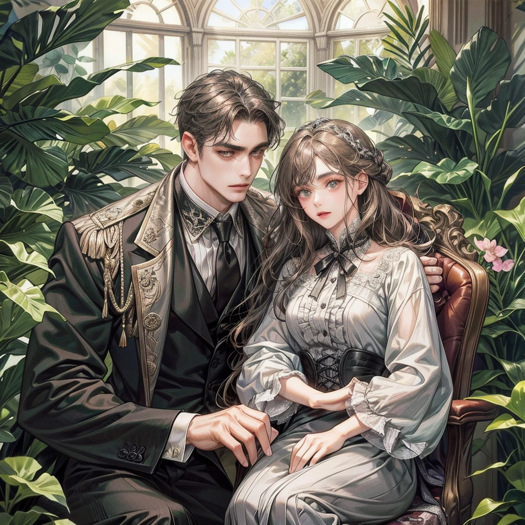 Handsome man, looking at the viewer. Middle aged man has dark brown hair with grey hair streaks. Grey eyes. Wearing a black Victorian formal suit. Background is in a greenhouse garden full of flowers, sitting down on a chair. High detailed eyes and face. Adult men.