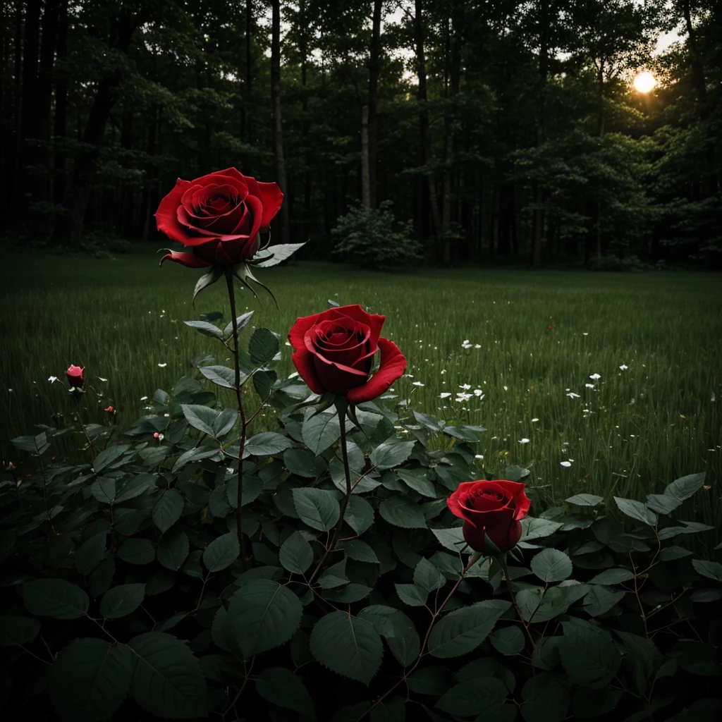 Create A solitary red rose in a forest at night with a full moon and starry sky and an illuminated white butterfly landing on the red rose. A single rose and around the green grass. As if it were the cover of a book on the front with MY ANGEL SANGUE DIVINO written on it