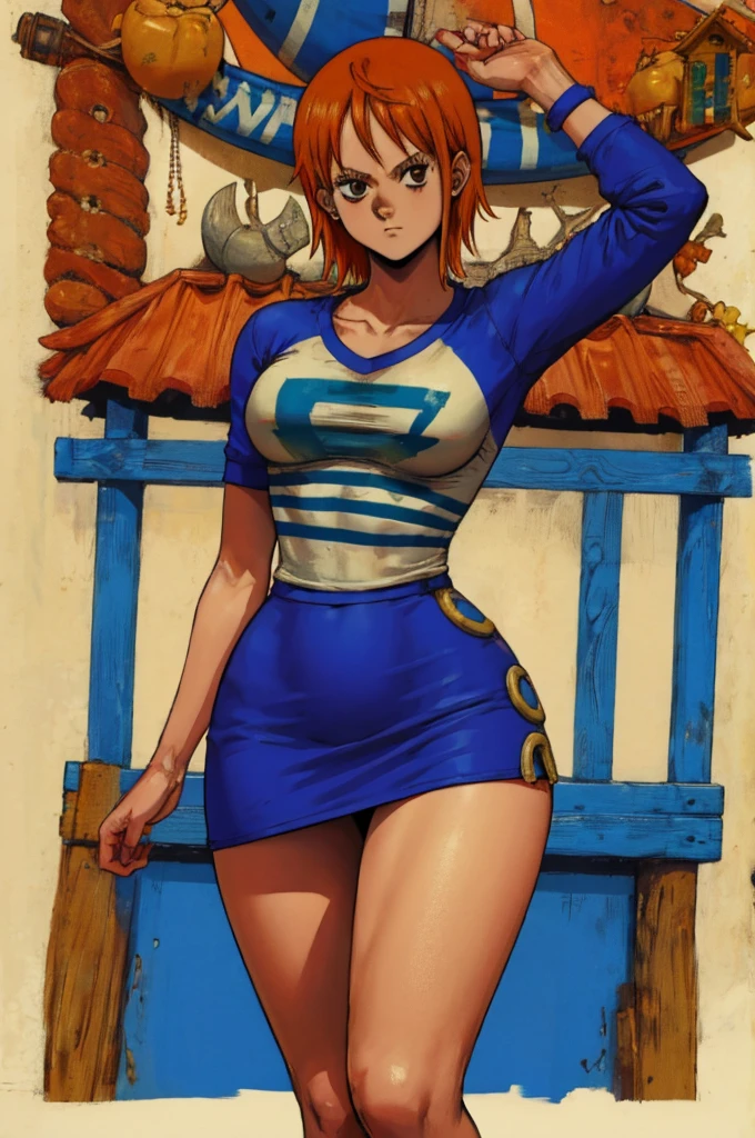 Dorohedoro Style, Nami from One Piece, short orange hair, white T-shirt with blue stripes, orange short skirt, sexy thick body