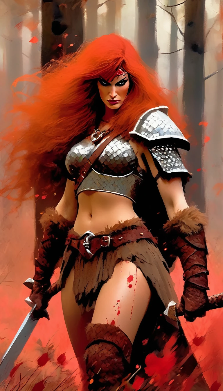 A fierce redhead warrior, Red Sonja, in chain mail, very sexy, full of blood, with a wooden shield and an axe, in a closed forest landscape, autumn, blood stains , dramatic lighting, art inspired by Bill Sienkiewicz
