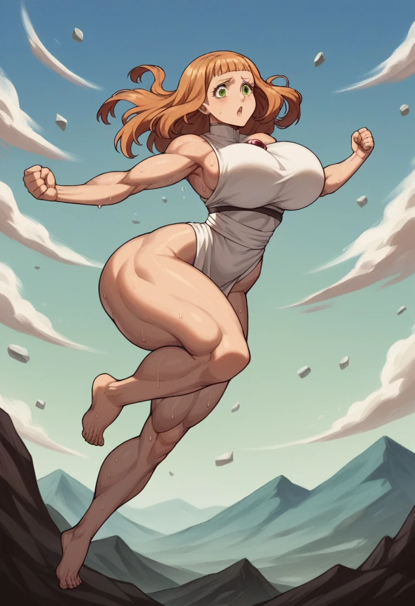 mimosa Vermillion, Women, Charm, defined body, big breasts, small waist, defined abdomen, thin arms, sexy arms, noodle arms, six pack, very high, huge butt, muscular legs, huge legs, wide legs, exaggeratedly muscular legs, long legs, barefoot, white monk clothes, arms in fighting position, Relaxed arms, bare arms, sexy legs, big breasts seductores, one foot on the ground, kicking in the air, in a mountain, many stones destroyed, alone, excessive sweat 