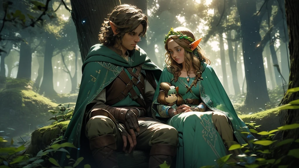 "Create a high-resolution illustration of a charming scene set in a dreamy forest inspired by medieval dungeon and dragon RPG. The focal point is a small female gnome with blue eyes and pointed ears, wearing a flower crown and adorned with intricate jewelry. She has curly hair and wears a cloak with a cross-shaped brooch. A small green frog with a backpack sits on her shoulder as she rides on a Saint Bernard dog, its collar decorated with potion bottles. The forest background should evoke a magical atmosphere with soft lighting, capturing the enchantment and fantasy of the medieval RPG world