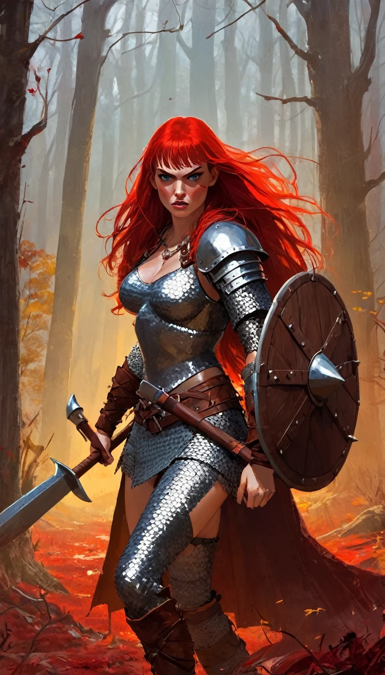 A fierce redhead warrior, Red Sonja, in chain mail, very sexy, full of blood, with a wooden shield and an axe, in a closed forest landscape, autumn, blood stains , dramatic lighting, art inspired by Bill Sienkiewicz
