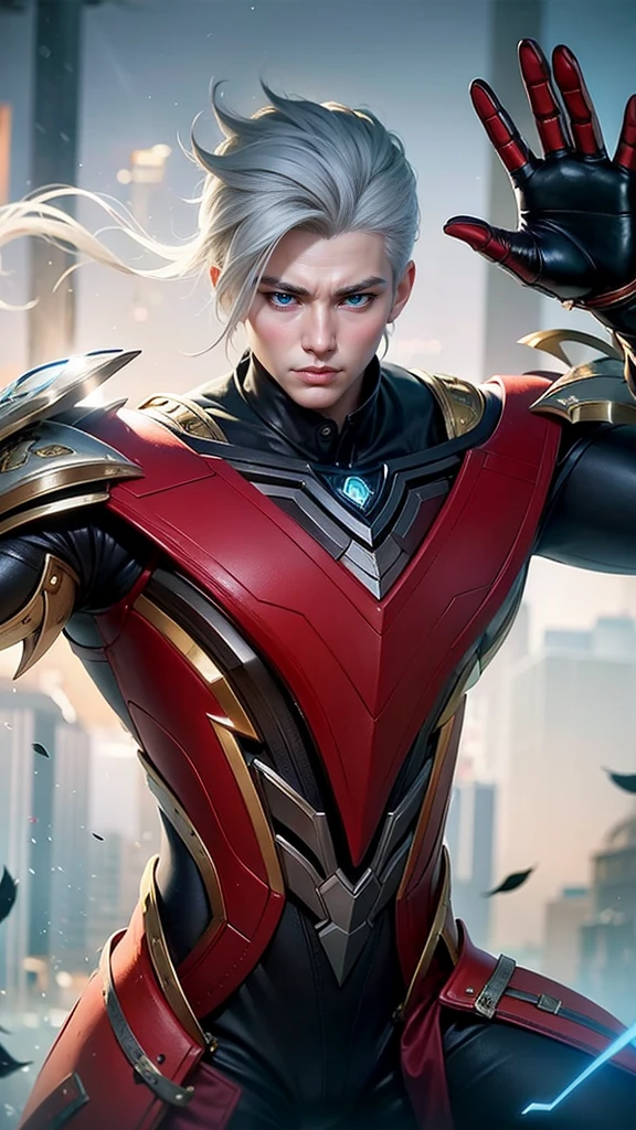 a close up of a boy with a steampunk mask on, velvet background, realistic suit, ezreal (league of legends, realism art, mobile legends, riot game, style league of legends, inspired by Li Shida, fighting game character, tracer, league of legends character, gold paladin, wukong, wild rift, purple and blue color, glow particle, white hair color, realistic suit masterpiece, sword, realistic sword, realism masterpiece, natural lighting, strong realistic texture, strong red eye glow, lots hair