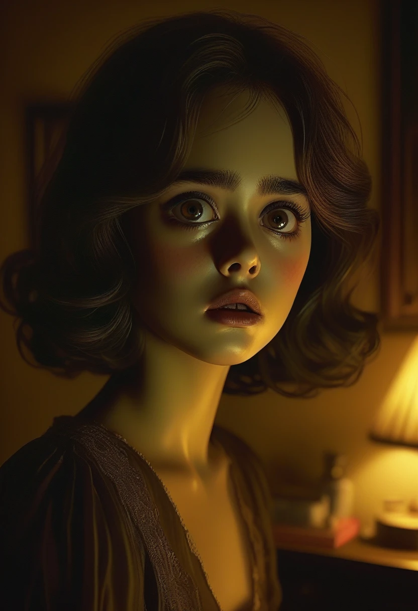 Night room, dark room, completely darkened room, tv on, sepia, grainy, eerie environment. creepypasta is a scary entity in the form of a woman with very big eyes and a very sad, sad look. pino daeni, charlie bowett, albert joseph penaud, ray caesar