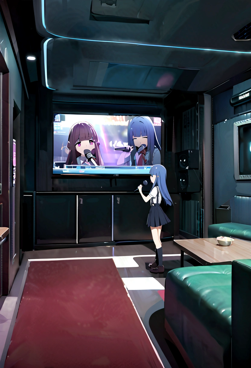 One Girl, (furude rika), Blue Hair, Purple eyes, Long Hair, blunt bangs, bangs, White shirt, Pink ribbon, suspenders, Black Skirt, sing, holding microphone, karaoke, karaokeroom, scenery, table, door, indoors, sofa, tv set,