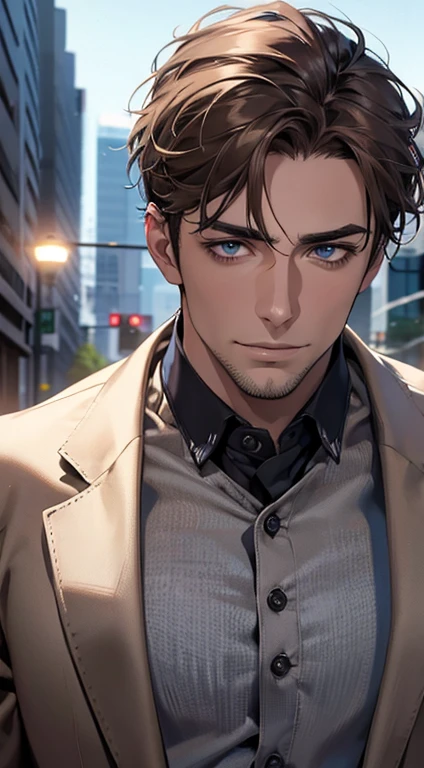 (best quality,4k,8k,highres,masterpiece:1.2),ultra-detailed,(realistic,photorealistic,photo-realistic:1.37),1 man,31 years old,mature man,very handsome,without expression,smile,short grey brown hair,blue eyes,penetrating gaze,perfect face without errors,imposing posture,businessman,office background,cinematic lighting,hdr image