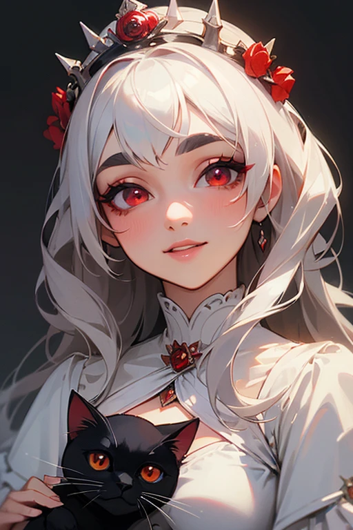 (Highest quality, masterpiece:1.2), High resolution, Very detailed, Realistic:1.37, Fantasy, An illustration, Red eyes, Queen, White Dress.Platinum decoration、beautifully、Eyeshadow Red、Thick eyebrows、Long eyelashes、pupils are black、toothy smile、The background is white、Small breasts、kiss me、Kiss Face、Rose Background、shiny on the lips、Gray background、Top site、Queen、Princess、Black cat、背景をbeautifully、Flower Crown、smile、(one cat)