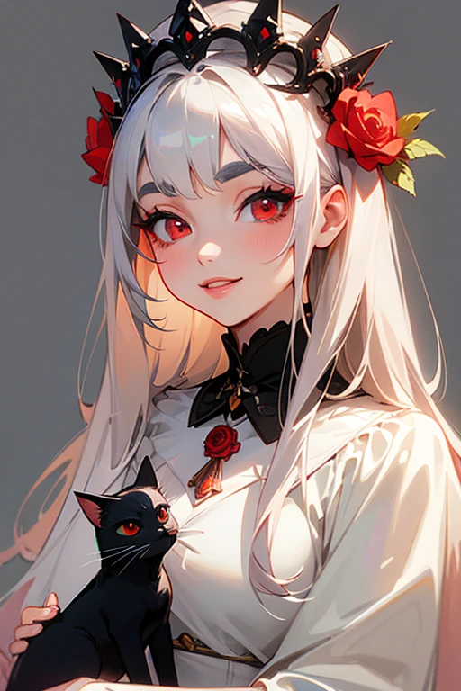 (Highest quality, masterpiece:1.2), High resolution, Very detailed, Realistic:1.37, Fantasy, An illustration, Red eyes, Queen, White Dress.Platinum decoration、beautifully、Eyeshadow Red、Thick eyebrows、Long eyelashes、pupils are black、toothy smile、The background is white、Small breasts、kiss me、Kiss Face、Rose Background、shiny on the lips、Gray background、Top site、Queen、Princess、Black cat、背景をbeautifully、Flower Crown、smile、(one cat)