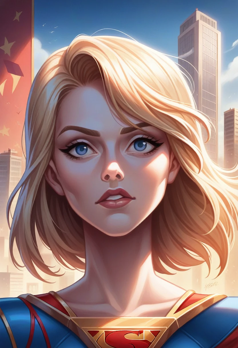 Supergirl, Over the city, Preparing for battle, Detailed artistic photography, Beautifully detailed face, dream-like, shineing, Backlight, Glamour, shine, Shadow, Oil on canvas, Brush strokes, soft, Ultra-high resolution, 8K, Unreal Engine 5, Super focus sharp, art gelm, Roysh, sf, Complex art masterpiece, Threatening, Matte Painting Movie Posters, Golden Ratio, CGsociety Trends, Complex, amazing, Very detailed, Vibrant, Filmmaking Character Rendering, Quality Model Ultra High  
