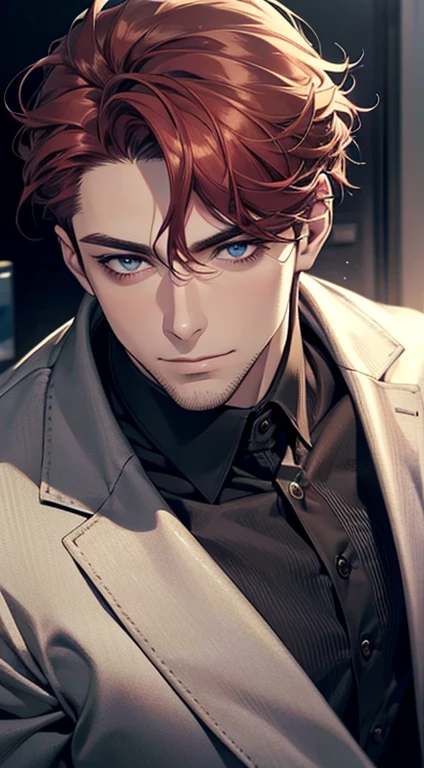 (best quality,4k,8k,highres,masterpiece:1.2),ultra-detailed,(realistic,photorealistic,photo-realistic:1.37),1 man,31 years old,mature man,very handsome,without expression,smile,short grey red hair,blue eyes,penetrating gaze,perfect face without errors,imposing posture,businessman,office background,cinematic lighting,hdr image
