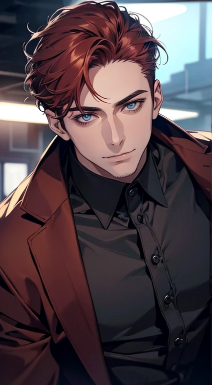(best quality,4k,8k,highres,masterpiece:1.2),ultra-detailed,(realistic,photorealistic,photo-realistic:1.37),1 man,31 years old,mature man,very handsome,without expression,smile,short grey red hair,blue eyes,penetrating gaze,perfect face without errors,imposing posture,businessman,office background,cinematic lighting,hdr image