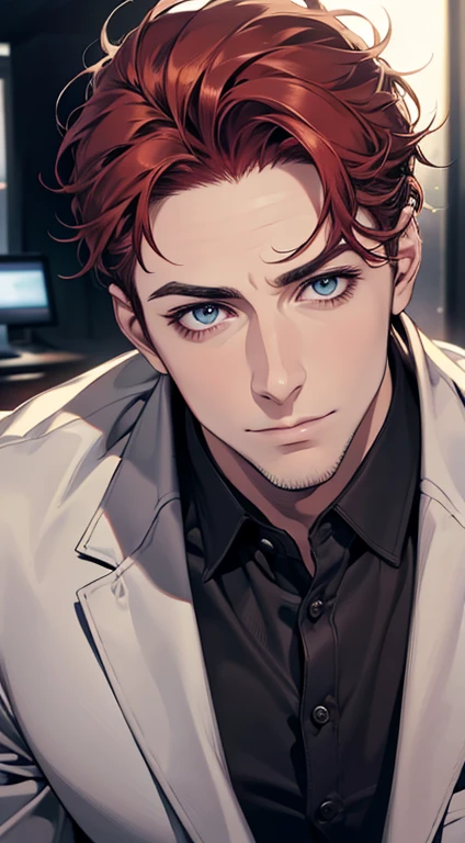 (best quality,4k,8k,highres,masterpiece:1.2),ultra-detailed,(realistic,photorealistic,photo-realistic:1.37),1 man,31 years old,mature man,very handsome,without expression,smile,short grey red hair,blue eyes,penetrating gaze,perfect face without errors,imposing posture,businessman,office background,cinematic lighting,hdr image