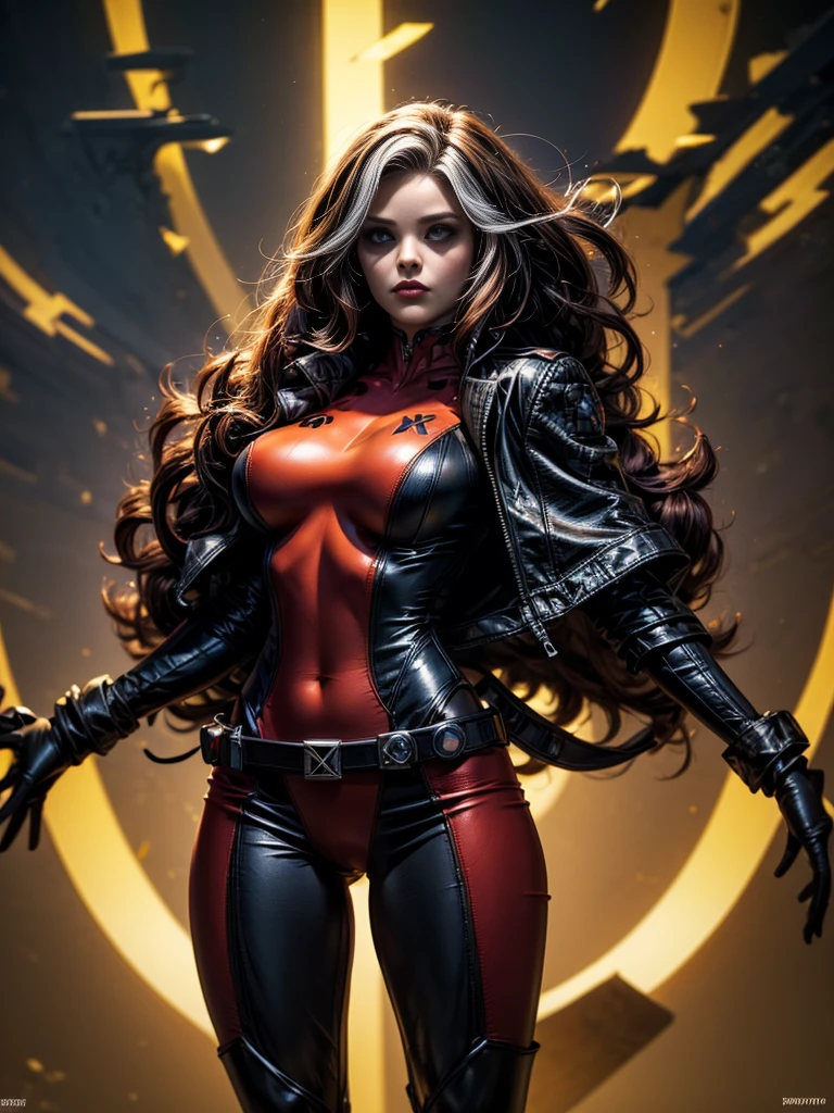 Rachel Bilson、masterpiece、High quality 4K、villain (X-Men)、Gothic Girl、Sculpted Body Gothic Makeup、Black jacket、Red and blue bodysuit、masterpiece、Highest quality、Cowboy Shots、One personの女の子、One person、Technology Military Bodysuit、fringe