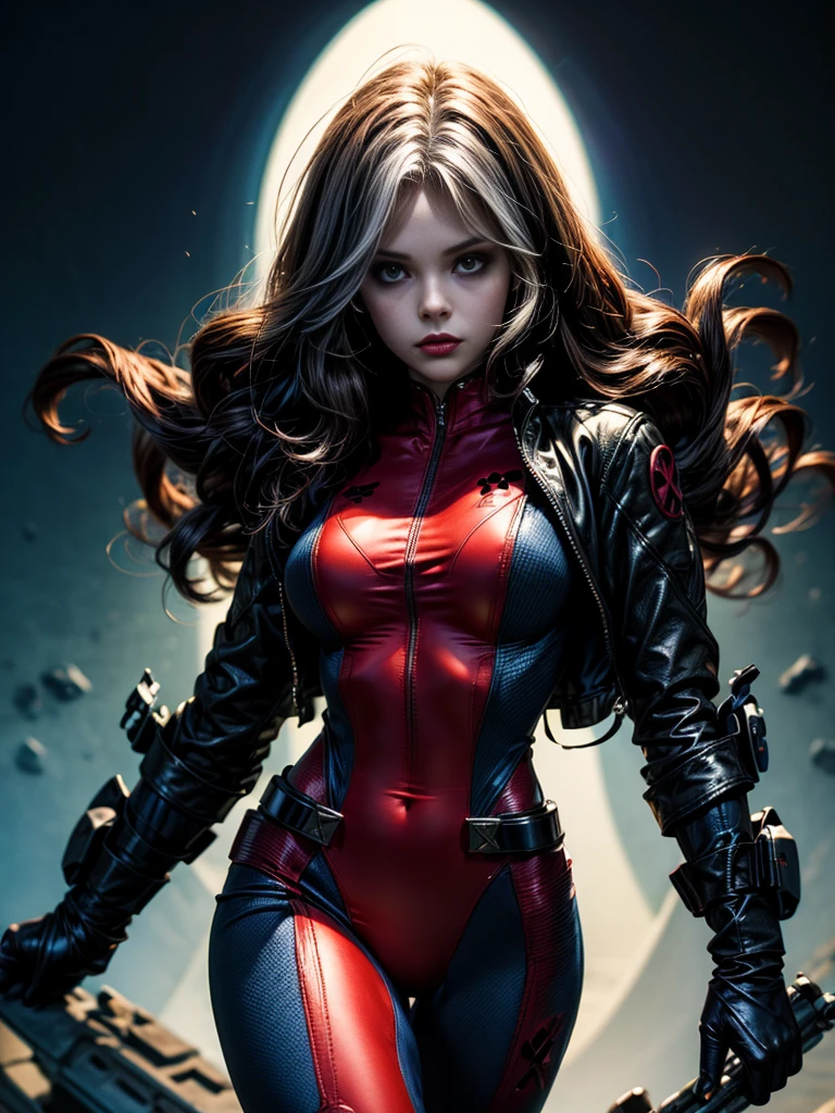 Rachel Bilson、masterpiece、High quality 4K、villain (X-Men)、Gothic Girl、Sculpted Body Gothic Makeup、Black jacket、Red and blue bodysuit、masterpiece、Highest quality、Cowboy Shots、One personの女の子、One person、Technology Military Bodysuit、fringe