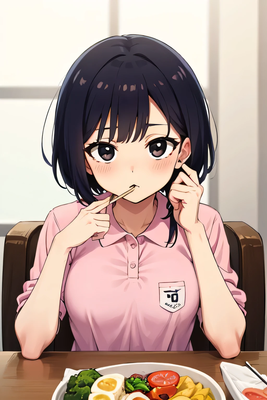 Highest quality, High resolution, 1.female, black eyes bento cute pink polo shirt small breasts short hair, Black Hair, table chair, Sitting,  Focus on face, two perfect chopsticks in right hand, loads of semen in mouth, male genitalia on left, upper body only