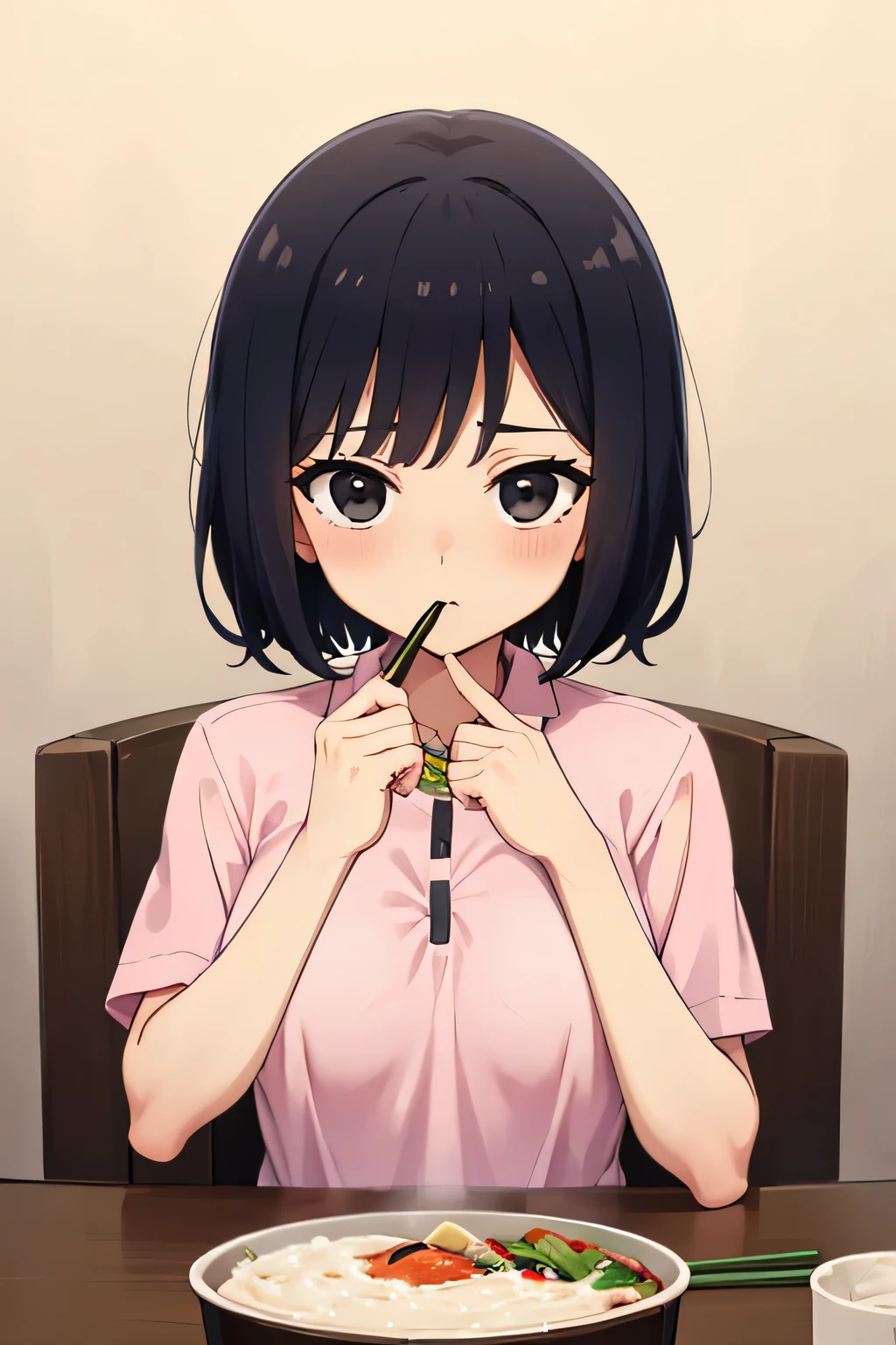 Highest quality, High resolution, 1.female, black eyes bento cute pink polo shirt small breasts short hair, Black Hair, table chair, Sitting,  Focus on face Perfect spoon in right hand Large amount of semen in mouth Male genitalia from below Only upper body