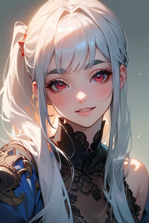 (Highest quality, masterpiece:1.2), (High resolution, 最高masterpiece).(difficult).Very detailed, Realistic:1.37, Fantasy, An illustration,Gray Hair、 Red eyes、Queen, White and blue dress、beautifully、Eyeshadow Red、Thick eyebrows、Long eyelashes、pupils are black、shiny on the lips、Top Sites、Queen、Princess、A kind smile、Show your teeth a little and smile、Soft impression、people々Loved by、Slimming the face、Shoulder Bare、ponytail、Kissing Face、Long white hair、Shaggy Bangs、Save face image、Lace Underwear、sexy、