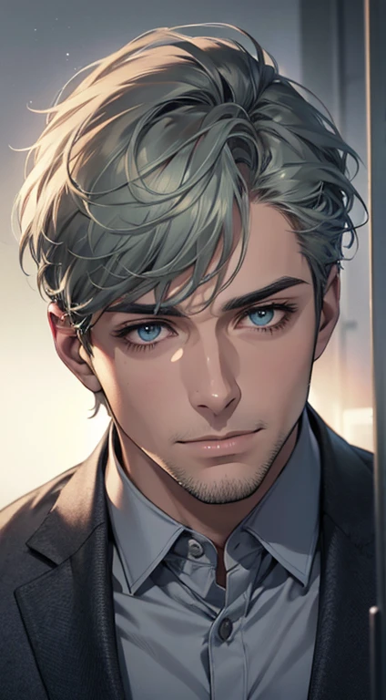 (best quality,4k,8k,highres,masterpiece:1.2),ultra-detailed,(realistic,photorealistic,photo-realistic:1.37),1 man,31 years old,mature man,very handsome,without expression,smile,short grey green hair,blue eyes,penetrating gaze,perfect face without errors,imposing posture,businessman,office background,cinematic lighting,hdr image