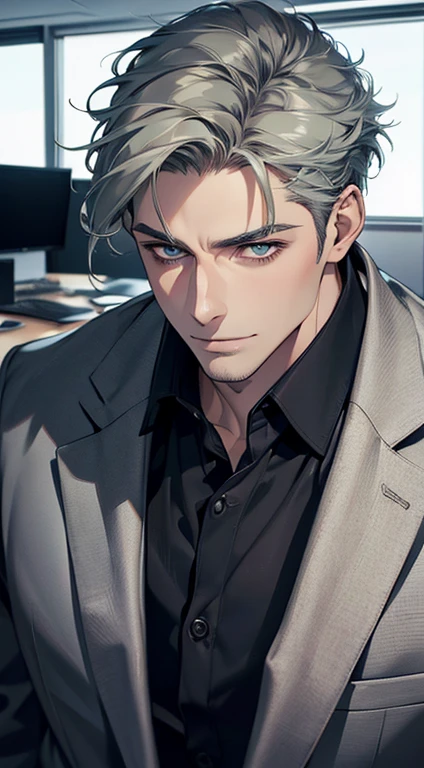 (best quality,4k,8k,highres,masterpiece:1.2),ultra-detailed,(realistic,photorealistic,photo-realistic:1.37),1 man,31 years old,mature man,very handsome,without expression,smile,short grey green hair,blue eyes,penetrating gaze,perfect face without errors,imposing posture,businessman,office background,cinematic lighting,hdr image