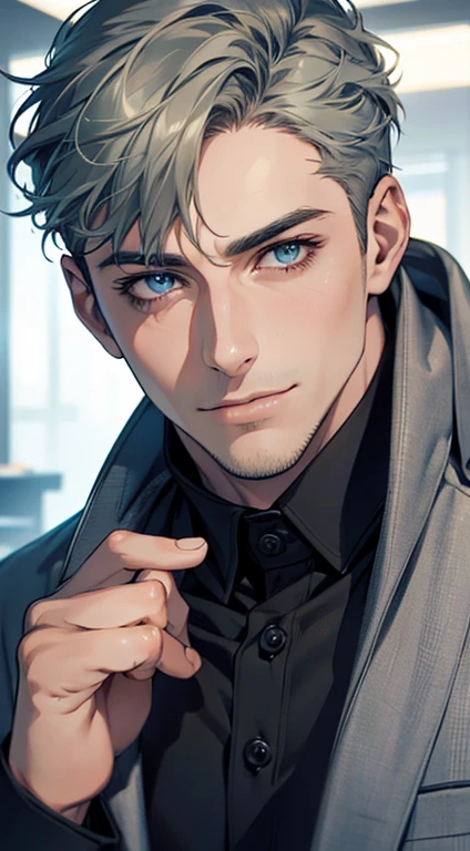 (best quality,4k,8k,highres,masterpiece:1.2),ultra-detailed,(realistic,photorealistic,photo-realistic:1.37),1 man,31 years old,mature man,very handsome,without expression,smile,short grey green hair,blue eyes,penetrating gaze,perfect face without errors,imposing posture,businessman,office background,cinematic lighting,hdr image