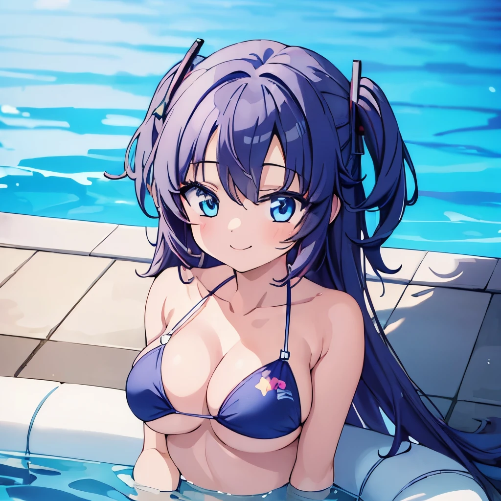 ((masterpiece)), ((best quality)), (ultra-detailed), anime style, pool, a cute girl, 1girl, solo, ((beautiful eyes)), smile, bikini00,