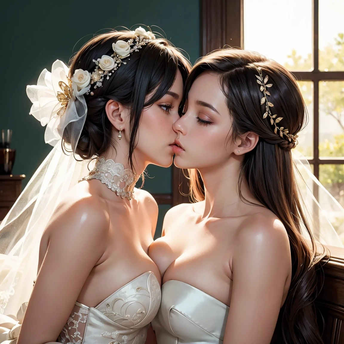 (masterpiece, highest quality, official art, beauty and aesthetic), two stunning bride is deeply in love with each other, kiss