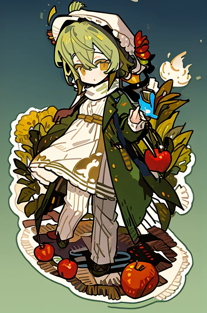 A girl，（Standing picture），（whole body），Character Design，Fashion Design，Complex headdress，Complex clothes，cute，scarf，Everyday wear，Green hair，hat，apple，lace，Complex clothes，Skeleton