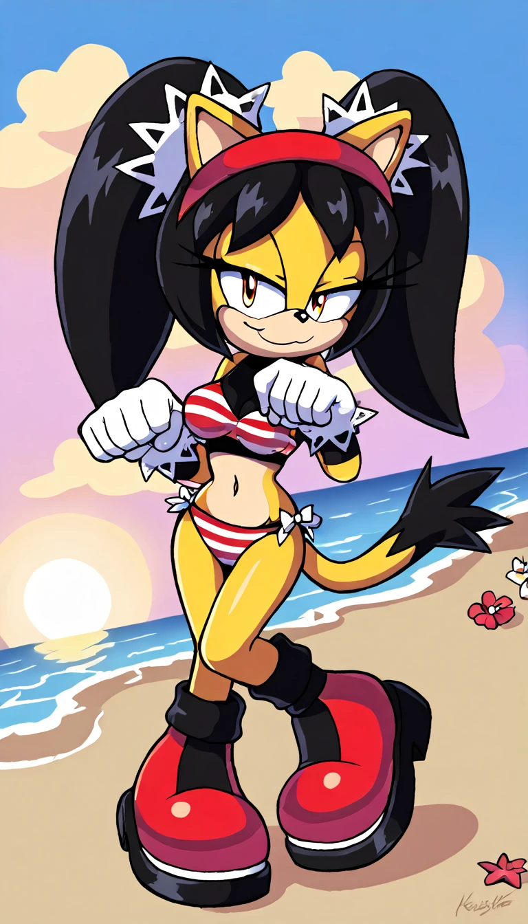 score_9, score_8_up, 2D, beach, sunset, looking at viewer, 1girl, very detailed, extremely detailed, honey the cat, full body, frilly hair ties, half-closed eyes, smug smile, {(red bikini), (striped bikini bra), (striped bikini panties), hips, thighs, medium breasts, sandals, sonic the hedgehog \(series\), masterpiece, best quality