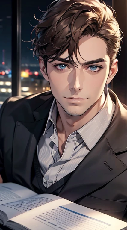 (best quality,4k,8k,highres,masterpiece:1.2),ultra-detailed,(realistic,photorealistic,photo-realistic:1.37),1 man,31 years old,mature man,very handsome,without expression,smile,short grey brown hair,blue eyes,penetrating gaze,perfect face without errors,imposing posture,businessman,office background,cinematic lighting,hdr image