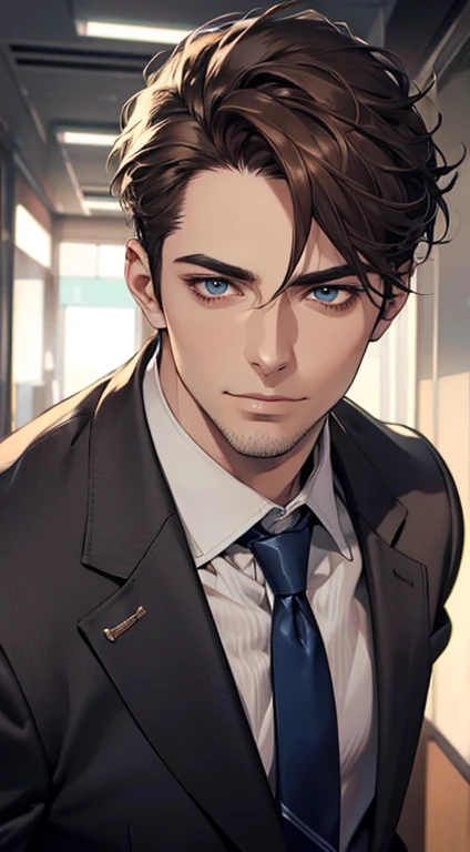 (best quality,4k,8k,highres,masterpiece:1.2),ultra-detailed,(realistic,photorealistic,photo-realistic:1.37),1 man,31 years old,mature man,very handsome,without expression,smile,short grey brown hair,blue eyes,penetrating gaze,perfect face without errors,imposing posture,businessman,office background,cinematic lighting,hdr image
