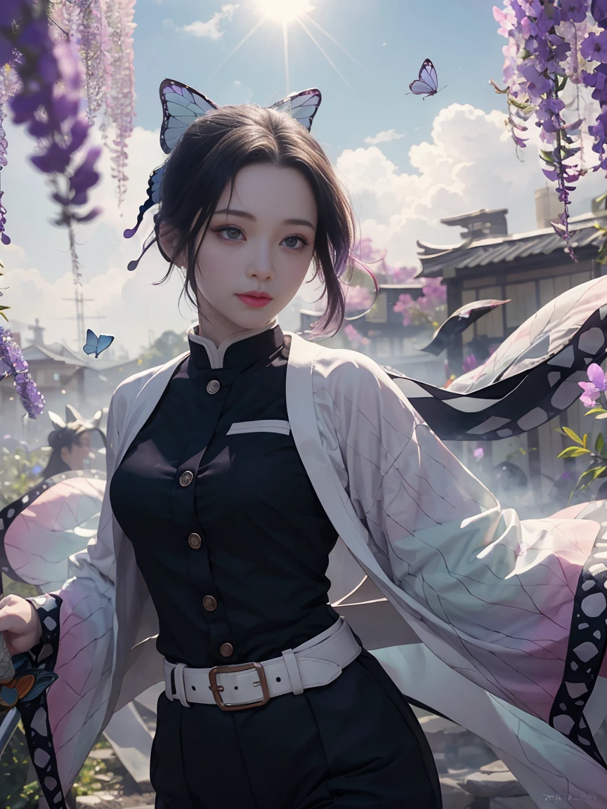 Ultra-realistic 8K CG, masterpiece, close, (Dynamic pose: 1.3), beauty, goddess, from the front, from the front, face sticking out, (Highly detailed background, Delicate pattern, Intricate details)), high quality, highly detailed face, Highly detailed eyes and face, Highly detailed eyes, Shinobi Kocho, Colorful Hair, No bangs, Hair Intake, Purple eyes, amount, Black Shirt, Black trousers, (Haori, butterfly: 1.3, button, belt), (garden: 1.2), Purple Flower, Redcliffe, cloudy null, sunlight, Tyndall effect, slope_null, face, gorgeous null, sword on waist,