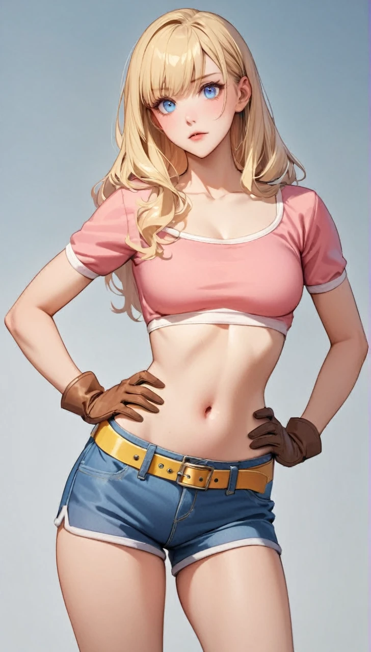 Young woman, long straight blonde hair, bangs hair, beautiful detailed face, beautiful detailed eyes, blue eyes, very beautiful detailed body, wear a plain pink shirt with white ringer, u-neck, short-sleeved and shirt is cut to expose midriff and navel, wear a blue leather shorts with yellow belt, wear a plain white short socks and a brown short combat boots, wear a brown short leather gloves, standing pose with both hands on the hips